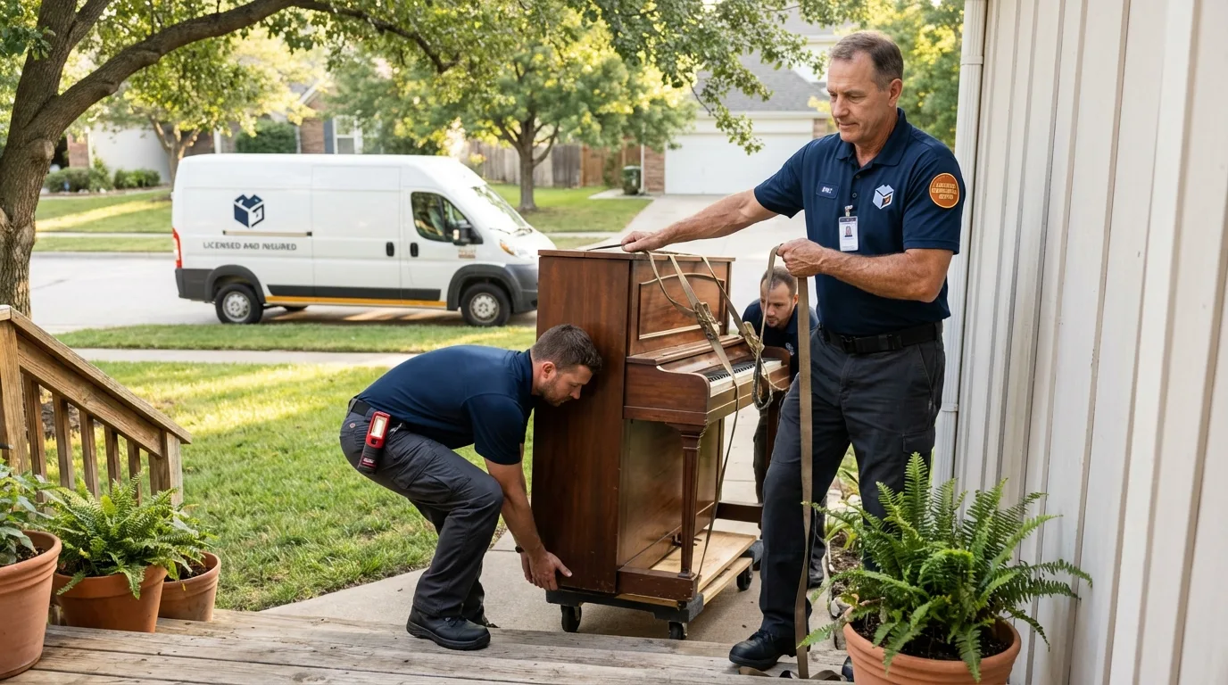 Licensed piano movers securing grand piano in Pewee Valley, KY