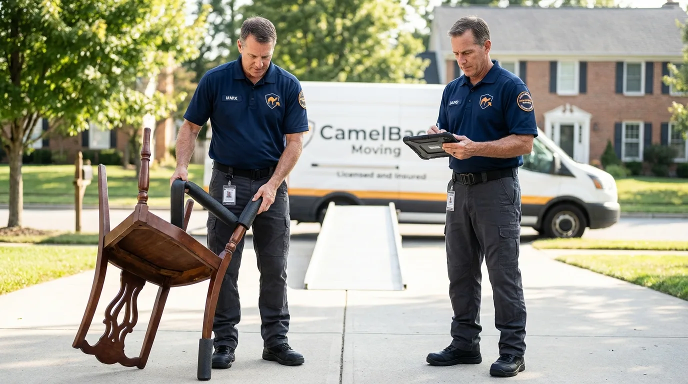 Movers inspecting furniture for damage prevention before loading in Pewee Valley, KY