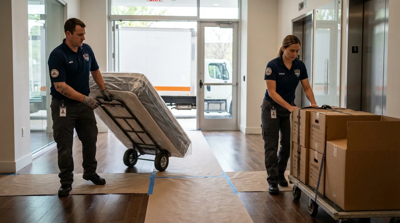 Professional apartment movers loading elevator in Pewee Valley, KY
